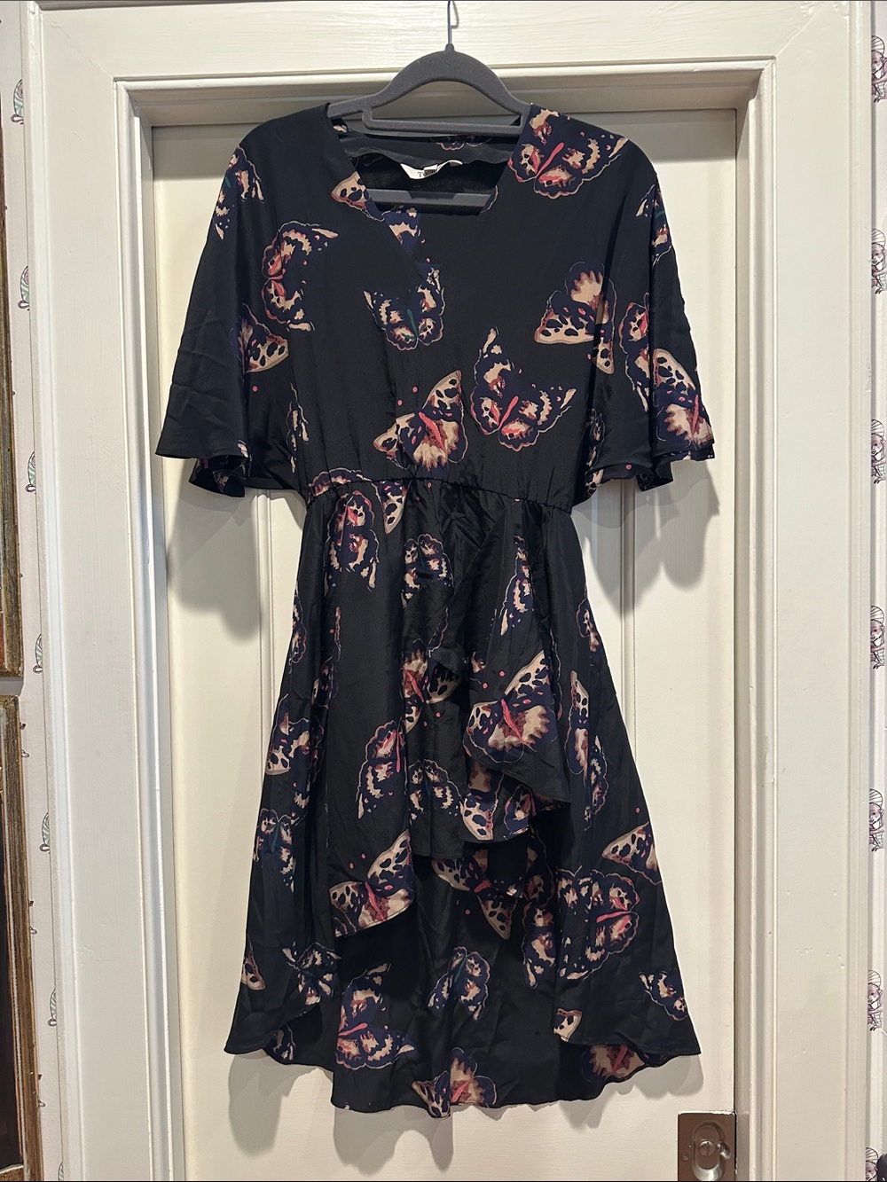 Tucker Black Asymmetrical Dress with Pink & Cream Butterfly Motif